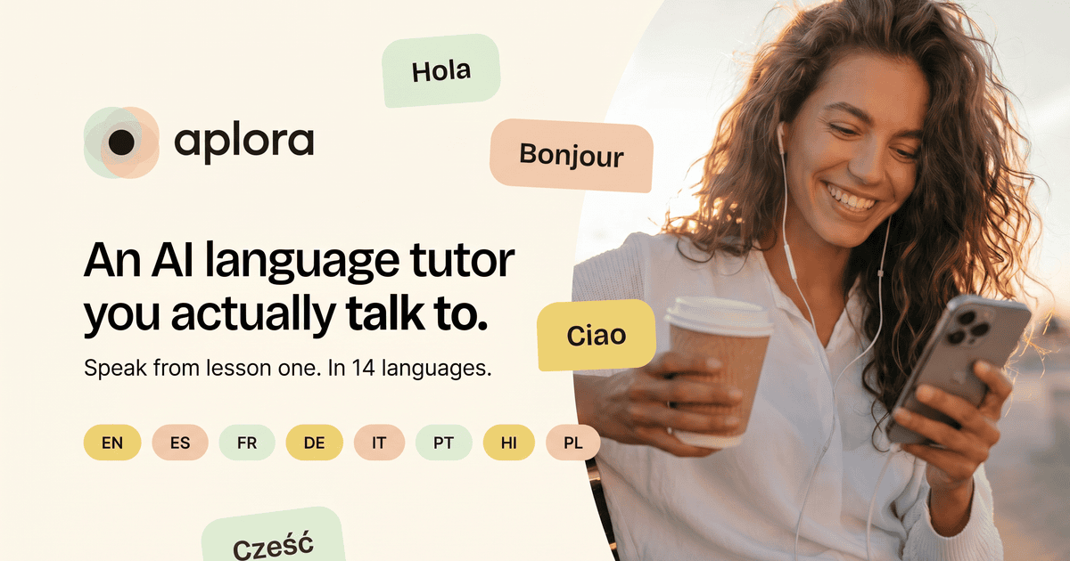 Aplora product card showing a language learner in conversation and multilingual speech bubbles